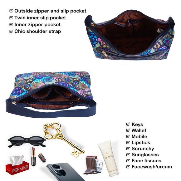 Hand Crafted Fabric Print Blue Colour Sling Hobo Shoulder Bag, Top Handle Purse - Picture 4 of 8
